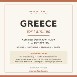 Greece for Families travel guide PDF cover — Athens, Santorini, Mykonos and Corfu