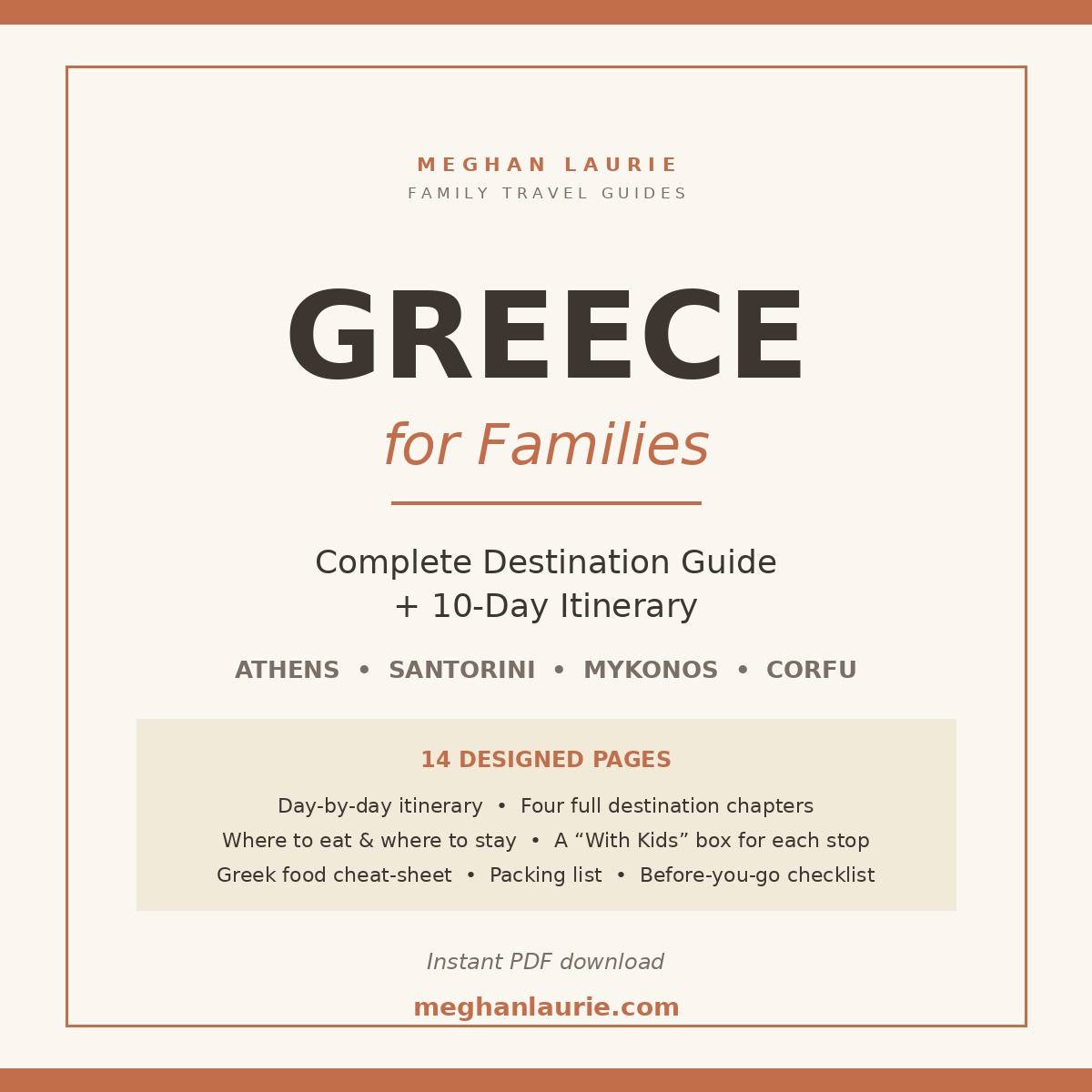 Greece for Families travel guide PDF cover — Athens, Santorini, Mykonos and Corfu