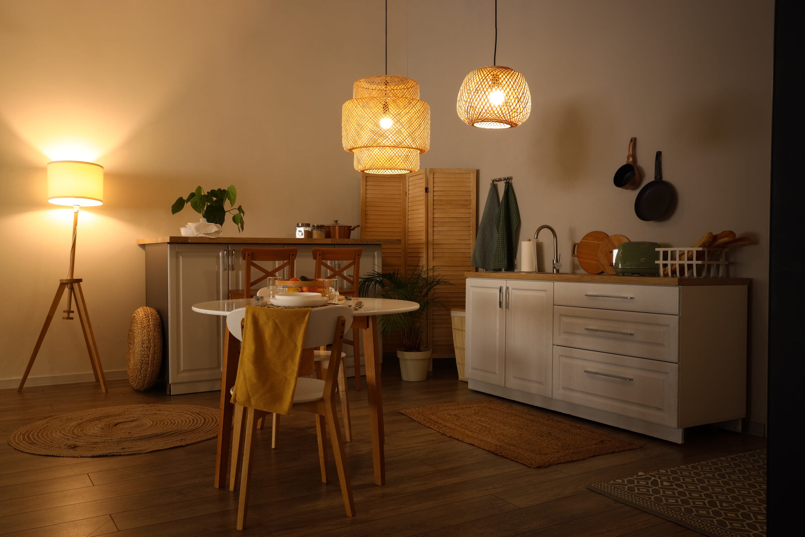 A tidy kitchen counter in the evening lit by a warm glowing lamp