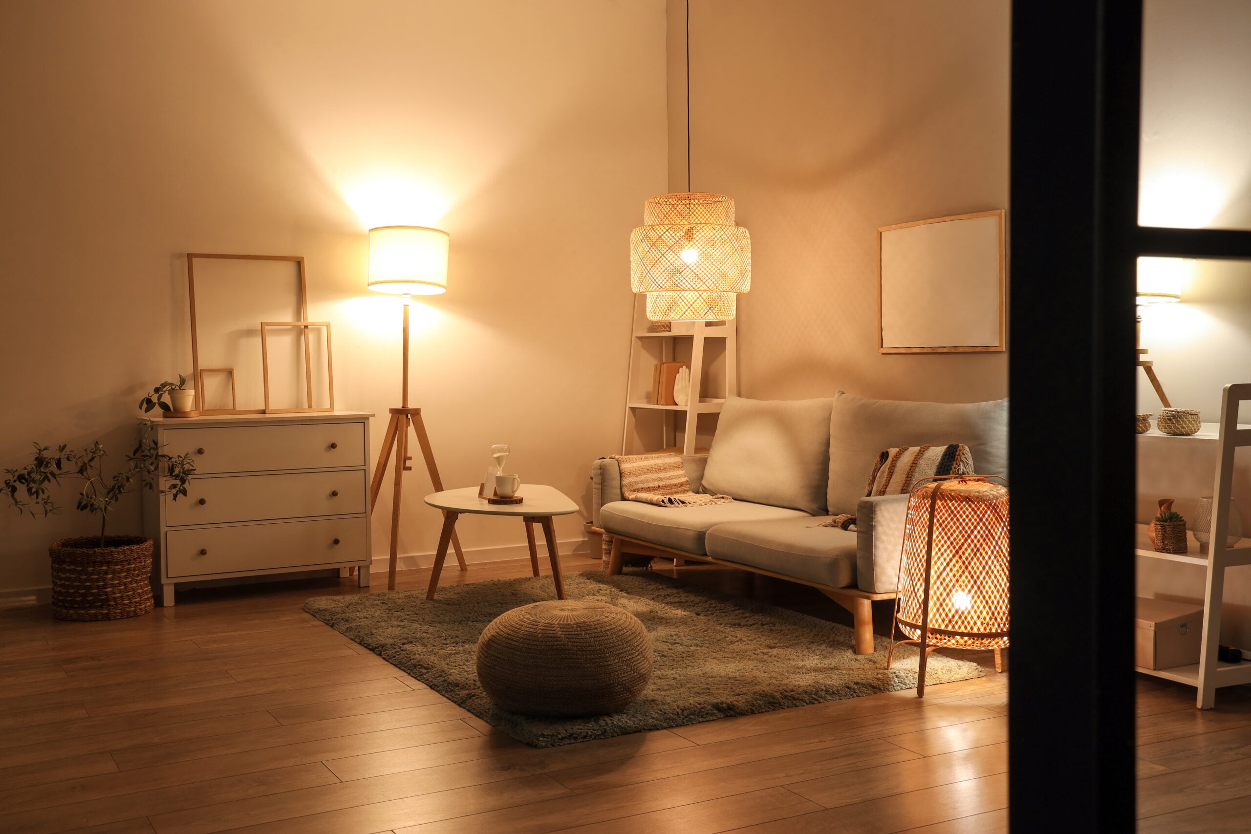 A cozy living room glowing with warm lamp light in the evening