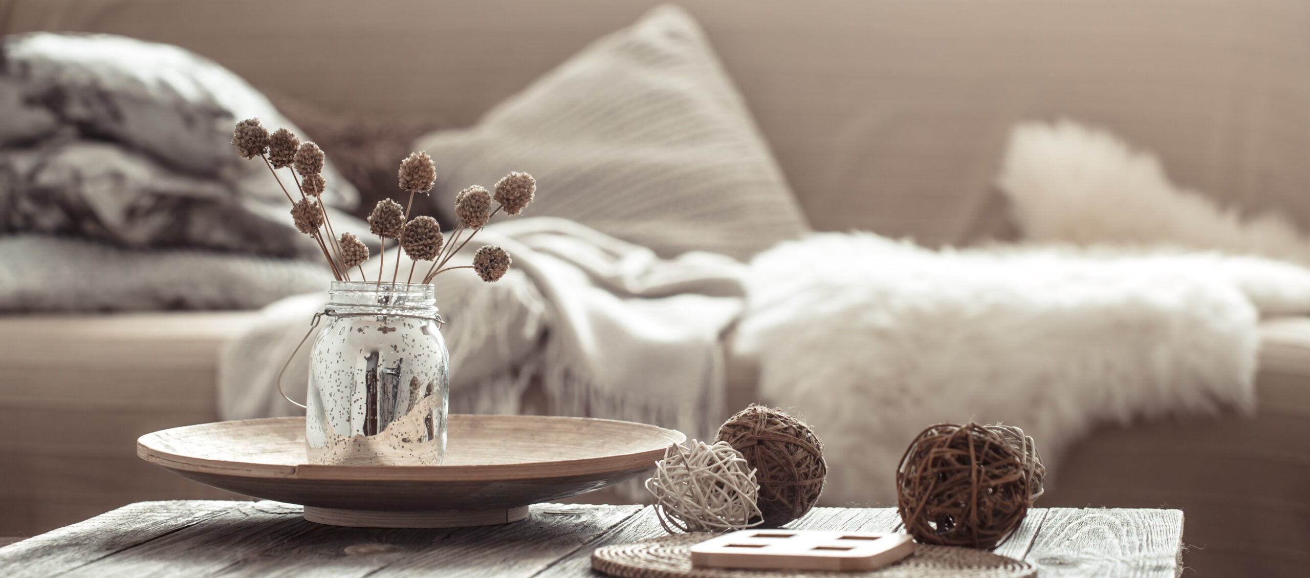 A cozy bright living room with a soft sofa and pillows in gentle morning light