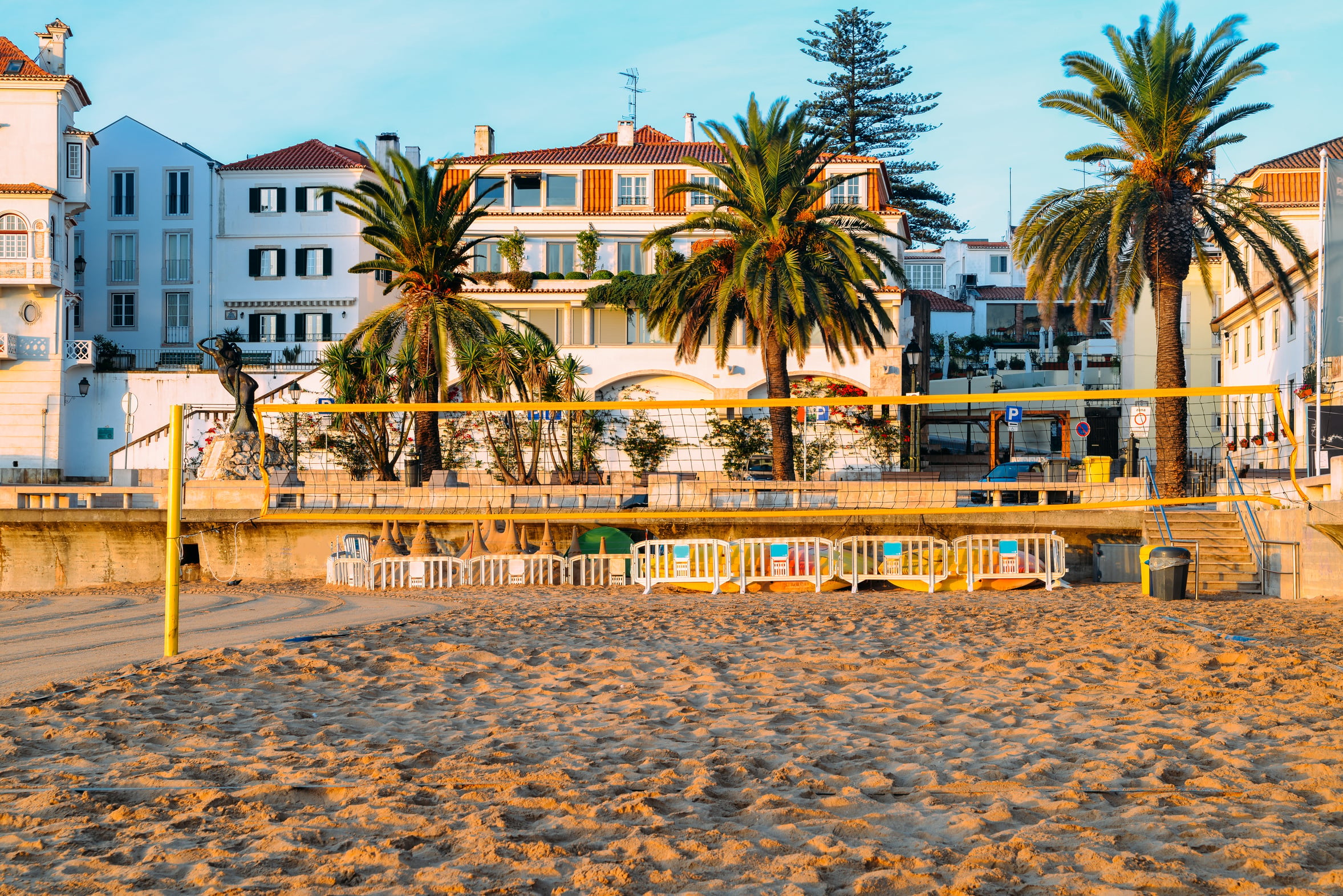 An empty beach in Cascais, Portugal just after sunrise in the shoulder season