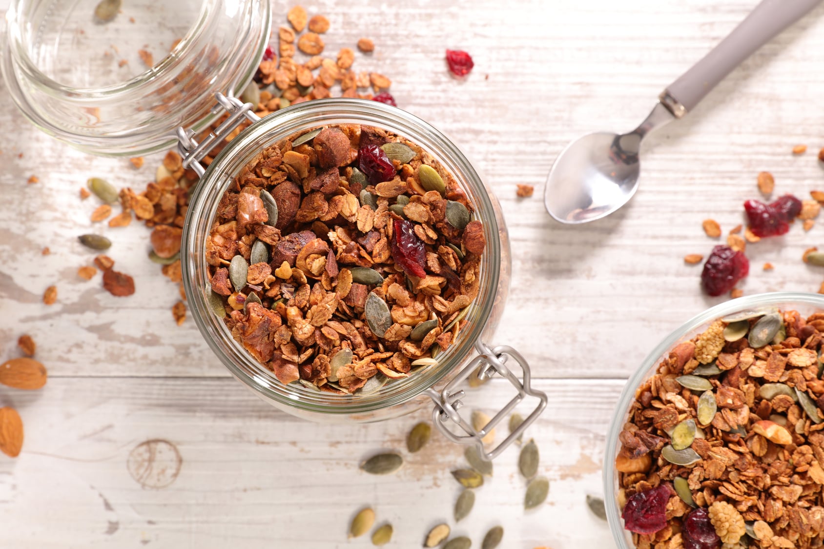 Homemade granola made with rolled oats, pecans and dried fruit