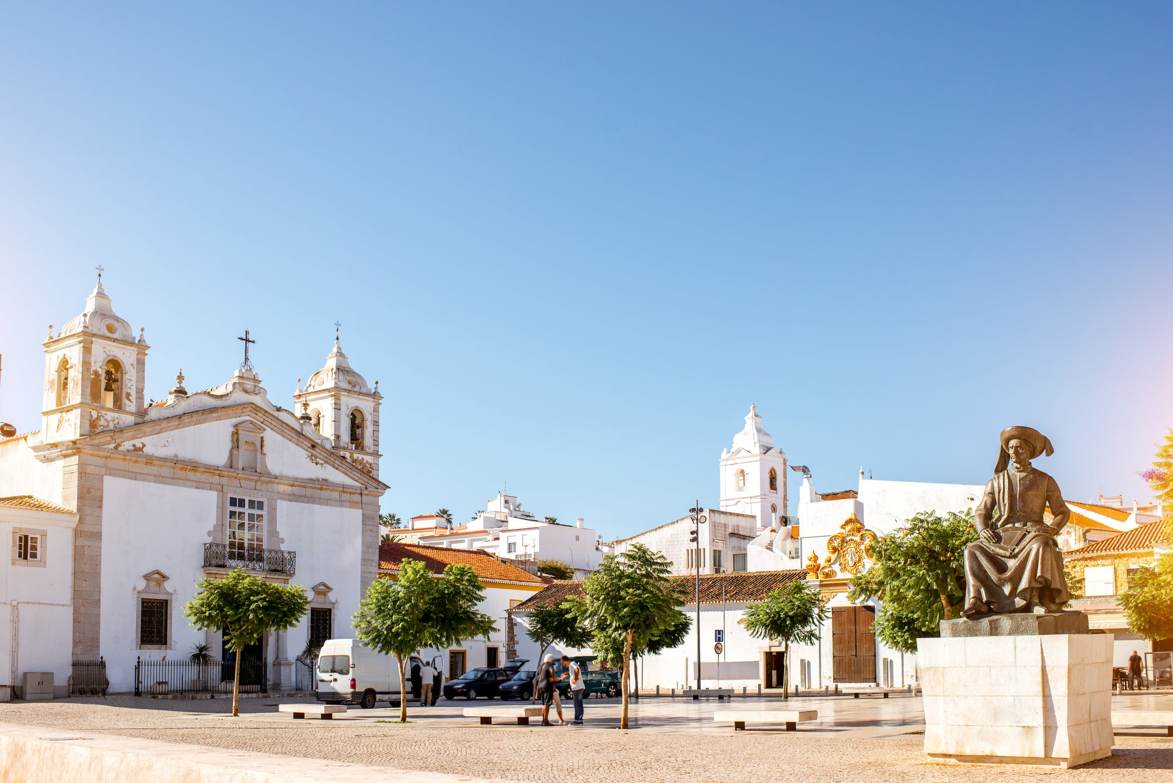 The old town of Lagos, Portugal, with whitewashed buildings and the Santa Maria church