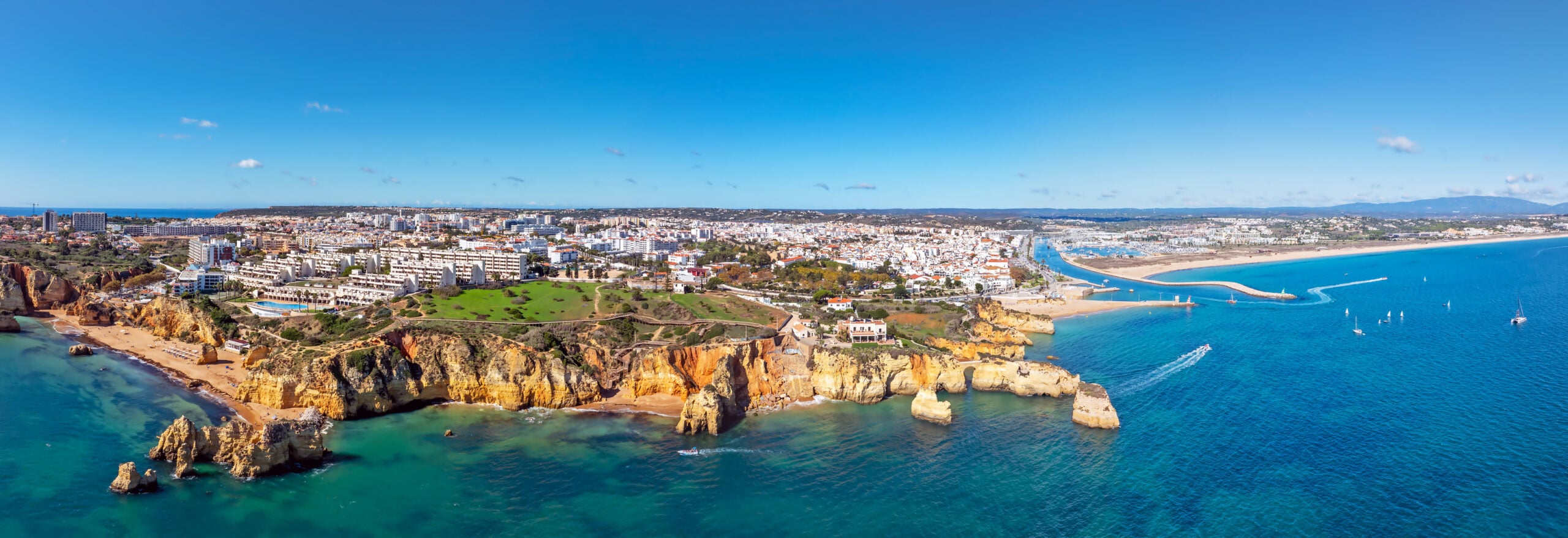 Aerial view of the town of Lagos, Portugal, and the rocky Algarve coastline