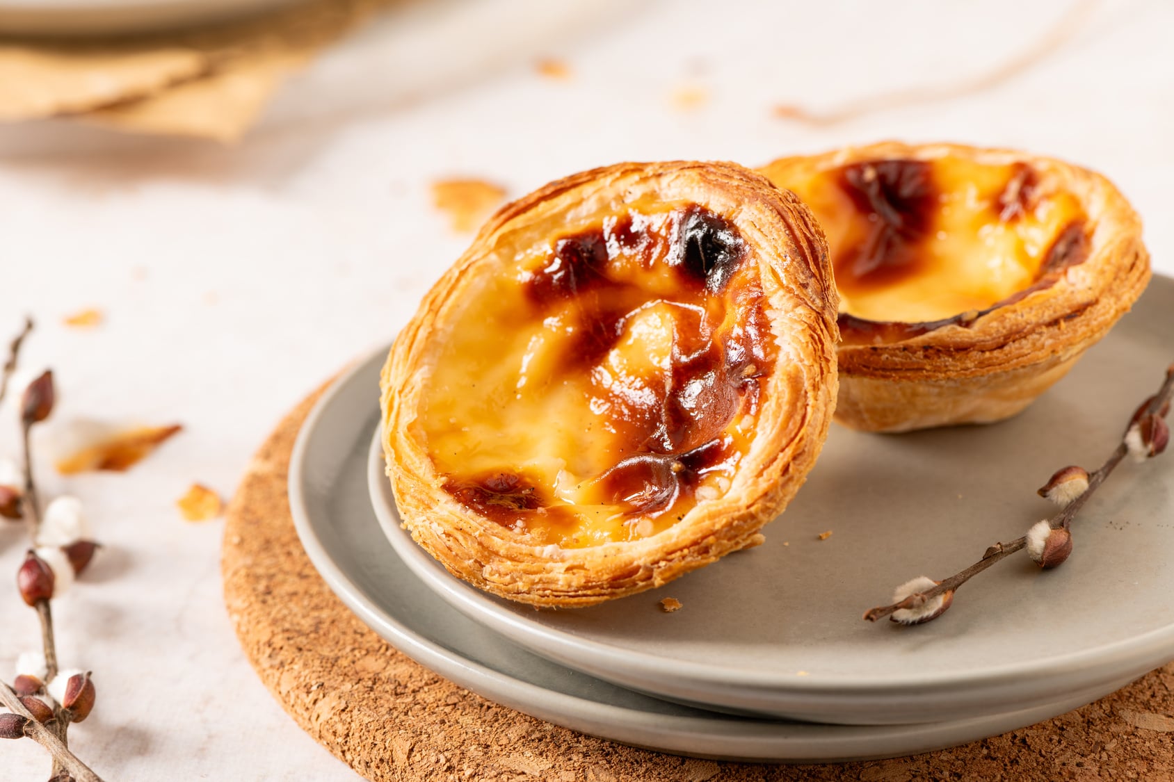 Two Portuguese pasteis de nata custard tarts on a plate