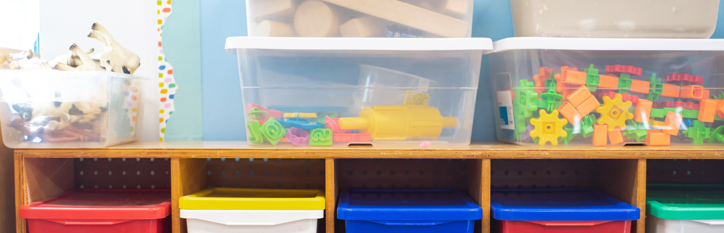 Clear storage bins and lidded containers of blocks and toys lined up on shelves for toy rotation